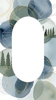 Watercolor botanical frame with blue and green leaves, gold accents and evergreen trees surrounding white oval space for text or design elements.