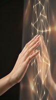Female hand with manicured nails touching glowing geometric light network, representing digital connection, technology innovation, and futuristic interaction for web design and tech concepts.