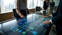 Young male professional in business attire interacting with digital holographic interface on interactive table in modern office setting with colleagues and city skyline visible through windows.