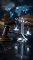 Justice scales with glowing eye and padlock symbols beside a wooden gavel, representing digital privacy law and cybersecurity regulation concept.