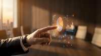 Businessman hand touching glowing pie chart with financial data analytics dashboard in modern office workspace during sunset lighting for business intelligence.