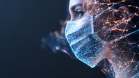 Young woman wearing protective face mask surrounded by glowing digital network pattern and particles on dark background, representing healthcare technology.