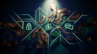 Cybersecurity network protection concept with glowing neon icons, padlock and shield symbols overlaying digital cityscape, representing data security and encrypted communication systems.