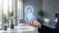 Businessman hand displaying glowing checkmark hologram in modern office space representing digital approval and business success verification.