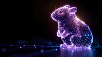 Glowing neon rodent silhouette with constellation effect in purple and blue colors against dark background, digital art style with light particles and bokeh elements.
