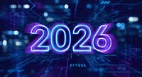 Futuristic neon 2026 numbers glowing in purple and blue light against digital technology background with circuit patterns and bokeh effects.