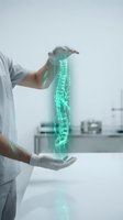 Doctor examining holographic spine projection in modern medical facility for orthopedic diagnosis and treatment planning.