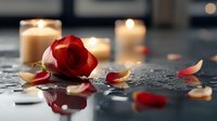 Red rose and scattered petals on reflective dark surface with glowing candles creating romantic atmosphere, soft focus macro photography for valentines and love themes.