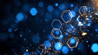 Glowing hexagonal shapes float against dark background with blue bokeh lights and golden particles, creating futuristic technological atmosphere.