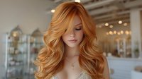 Young Caucasian woman with long wavy auburn hair in modern salon interior with soft lighting and contemporary design elements.