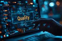 Digital quality assurance concept with hand typing on laptop keyboard at night, blue technology interface and glowing text on screen with bokeh lights.