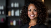 Professional African American woman with curly hair smiling confidently in modern office environment for business and corporate communications.