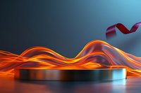 Futuristic podium with flowing neon ribbons in orange and purple colors on gradient background for product display and presentation design.