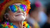 Senior woman wearing rainbow reflective sunglasses and colorful feather boa at pride festival smiles with joy, expressing happiness and celebration in vibrant summer light.