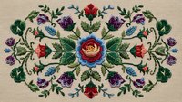 Vintage floral embroidery pattern with colorful roses and leaves on beige fabric background. Traditional needlework design for textile crafts and decoration.