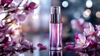 Elegant purple perfume bottle with spring cherry blossoms against blurred bokeh background creates luxurious cosmetic atmosphere for beauty and fragrance marketing.