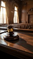 Wooden gavel with gold band resting on sound block in a sunlit classic courtroom with warm oak paneling and benches.
