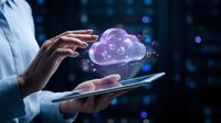 Businesswoman hands protecting glowing purple cloud computing icon above digital tablet against dark technology background with network connections.