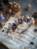 Delicate bridal tiara with purple flowers, golden leaves and white pearls placed on vintage sheet music, romantic wedding accessory in soft natural light.