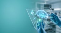 Medical professional using futuristic holographic tablet displaying brain scan and health data in modern healthcare facility for digital medicine applications.