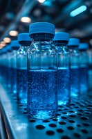 Clear glass bottles with blue caps containing sparkling liquid arranged in rows on industrial surface with bokeh lighting, suitable for pharmaceutical, beverage, and laboratory product packaging designs.