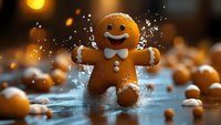 Gingerbread man cookie with white icing smile and bow tie splashing in flour with warm bokeh lights creating festive holiday baking atmosphere.