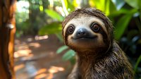 Curious brown-throated three-toed sloth close-up portrait in natural rainforest habitat showing distinctive facial features and gentle expression amid tropical foliage.