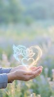 Hands cupping glowing heart with dove symbol representing love, peace and spiritual connection against soft natural bokeh background for wellness concepts.