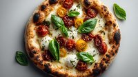 Artisan pizza with fresh mozzarella, colorful cherry tomatoes and basil leaves on crispy golden crust. Gourmet Italian cuisine for restaurant menus.