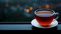 Cup of hot tea on windowsill with raindrops and blurred bokeh lights in background creating cozy autumn or winter atmosphere during rainy weather.