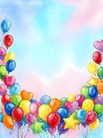 Watercolor colorful balloons border frame on pastel sky background for birthday, party, celebration greeting card or invitation design.