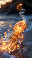 Magical glowing peacock with luminous feathers standing on beach at sunset, fantasy creature with ethereal light patterns.