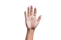 Open palm of Asian woman showing five fingers against white background, isolated cutout for design and commercial use.