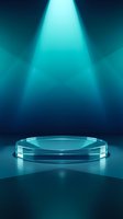 Glowing glass podium on dark teal background with dramatic spotlight for product display, cosmetic showcase, or award presentation.