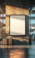 Empty white mockup billboard on concrete wall at airport terminal with luggage and airplane visible through windows, dramatic sunset lighting creates shadows.