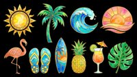 Bright sun, palm tree, ocean wave, sunset, flamingo, flip flops, surfboard, pineapple, tropical cocktail, and monstera leaf isolated on transparent background. Ready for t-shirt designs, clipart, stickers, print-on-demand products, and sublimation projects.