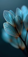 Delicate translucent blue leaf skeletons with intricate vein patterns against dark teal background, creating ethereal botanical art.