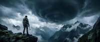 Male adventurer in hiking gear standing on rocky mountain peak overlooking dramatic storm clouds and alpine landscape. Suitable for travel, adventure, and outdoor lifestyle marketing.