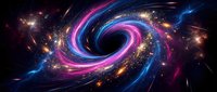 Glowing spiral vortex with neon pink and blue energy waves swirling through cosmic space, surrounded by glowing particles and stars for sci-fi backgrounds.