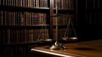 Brass scales of justice on wooden desk in law library with books background for legal services and attorney office decor.