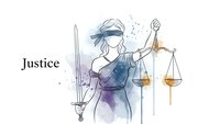 Lady Justice with blindfold holding sword and scales in watercolor style. Legal concept artwork for law firm branding and judicial system materials.