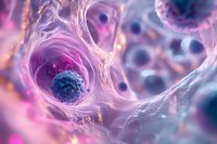 Microscopic view of cells with purple and pink tones showing cellular structures and nuclei, suitable for medical, scientific, educational, and healthcare presentations.
