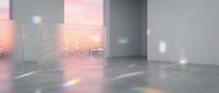Futuristic digital interface with glowing circuit board patterns displayed on transparent screens in modern minimalist space with soft pink and blue lighting.