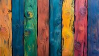 Colorful wooden planks with natural knots and grain texture in rainbow colors, featuring orange, blue, green, turquoise, yellow and pink tones. Rustic artistic background.