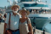 Senior Caucasian couple in summer attire smiling at marina with luxury yachts in background, enjoying retirement lifestyle during warm sunny day.