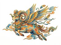 Winged ram mythical creature with ornate swirling patterns in gold, blue, and orange, isolated on transparent background. Great for stickers, t-shirt design, and print on demand.