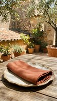 Terracotta linen napkin folded on ceramic plate atop wooden table in rustic courtyard with potted plants and stone architecture, Mediterranean dining setting.