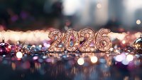 Sparkling rhinestone numbers 2026 with bokeh lights reflection on glossy surface amid purple and golden decorative elements creating festive atmosphere.