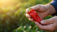 Fresh red chili pepper held in cupped hands with warm sunlight and green garden background for organic farming and healthy cooking concepts.