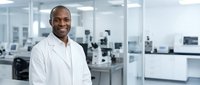 Confident African American male scientist in white lab coat smiling in modern research laboratory with advanced equipment and clean workspace background.